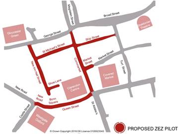 [Map of ZEZ Pilot zone which consists of Bonn Square, Queen Street, Cornmarket, part of Market Street, Ship Street, St Michael’s Street, New Inn Hall Street, and Shoe Lane]