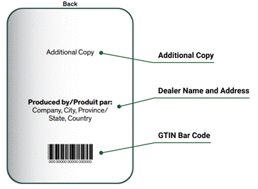 Spirit back label showing the breakdown of the label, including any additional copy of labelling statements, Dealer Name and Address, and finally the GTIN Bar Code at the bottom of the label. Organic Claims can be included but are not demonstrated in this illustration.