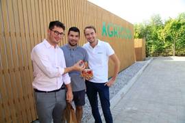 Agricool’s new shipping container farm located in The Sustainable City just outside of Dubai. From left to right: Georges Beaudoin (International Operations Manager at Agricool), Stefan Klincov (Farm Manager at Agricool UAE), and Guillaume Fourdinie…