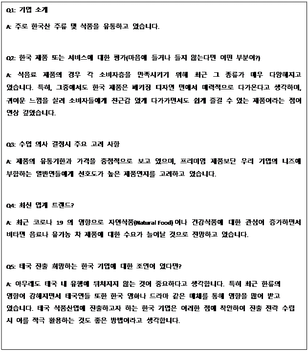 Text Box: Q1: 기업 소개 A: 주로 한국산 주류 및 식품을 유통하고 있습니다. Q2: 한국 제품 또는 서비스에 대한 평가(마음에 들거나 들지 않는다면 어떤 부분이?) A: 식음료 제품의 경우 각 소비자층을 만족시키기 위해 최근 그 종류가 매우 다양해지고 있습니다. 특히, 그중에서도 한국 제품은 패키징 디자인 면에서 매력적으로 다가온다고 생각하며, 귀여운 느낌을 살려 소비자들에게 친근감 있게 다가가면서도 쉽게 즐길 수 있는 제품이라는 점이 인상 깊었습니다. Q3: 수입 의사 결정시 주요 고려 사항 A: 제품의 유통기한과 가격을 중점적으로 보고 있으며, 프리미엄 제품보단 우리 기업의 니즈에 부합하는 일반인들에게 선호도가 높은 제품인지를 고려하고 있습니다. Q4: 최신 업계 트렌드? A: 최근 코로나19의 영향으로 자연식품(Natural Food)이나 건강식품에 대한 관심이 증가하면서 비타민 음료나 유기농 차 제품에 대한 수요가 늘어날 것으로 전망하고 있습니다. Q5: 태국 진출 희망하는 한국 기업에 대한 조언이 있다면? A: 아무래도 태국 내 유행에 뒤처지지 않는 것이 중요하다고 생각합니다. 특히 최근 한류의 영향이 강해지면서 태국인들 또한 한국 영화나 드라마 같은 매체를 통해 영향을 많이 받고 있습니다. 태국 식품산업에 진출하고자 하는 한국 기업은 이러한 점에 착안하여 진출 전략 수립 시 이를 적극 활용하는 것도 좋은 방법이라고 생각합니다. 