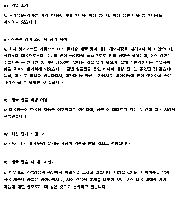 Text Box: Q1: 기업 소개 A: 오가닉&노케미컬 아기 물티슈, 비데 물티슈, 여성 생리대, 여성 청결 티슈 등 소비재를 제조하고 있습니다. Q2: 상품전 참가 소감 및 참가 목적 A: 현재 싱가포르를 기점으로 아기 물티슈 제품 등에 대한 해외시장을 넓히고자 하고 있습니다. 작년부터 태국으로부터 주문이 많이 들어와서 OEM으로도 많이 진행을 해왔는데, 아직 괜찮은 수입사를 못 만나던 중 이번 상품전이 있다는 것을 알게 됐으며, 올해 상반기까지는 수입사를 찾을 목표로 참가하게 되었습니다. 금번 상품전을 통한 바이어 매칭 결과는 좋았던 것 같습니다. 특히, 태국 뿐 아니라 방글라데시, 미얀마 등 인근 국가에서도 바이어들이 많이 찾아와서 좋은 자리가 될 수 있었던 것 같습니다. Q3: 태국 진출 희망 이유 A: 태국인들이 한국산 제품을 선호한다고 생각하며, 진출 상 메리트가 있는 것 같아 태국 시장을 선택했습니다. Q4: 최신 업계 트렌드? A: 향후 태국 내 친환경 유기농 제품이 각광을 받을 것으로 전망됩니다. Q5: 태국 진출 시 애로사항? A: 아무래도 가격경쟁력 측면에서 어려움을 느끼고 있습니다. 미팅을 같이한 바이어분들 역시 한국 제품의 품질은 인정하면서도, 시장 점유율 통계를 미루어 보아 아직 태국 내에선 저가 제품에 대한 선호도가 더 높은 것으로 분석하고 있습니다. 