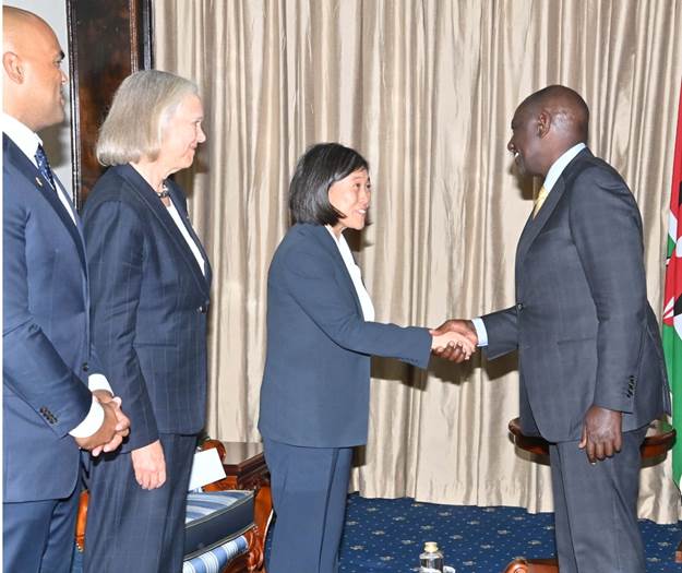 Katherine Tai, United States Trade Representative, and head of President Joseph R. Biden Jr.'s presidential delegation to the inauguration of President William Ruto in a handshake with the new leader in Nairobi, Kenya, on Tuesday, September 13, 2022. Other members of the presidential delegation included Meg Whitman, United States Ambassador to the Republic of Kenya; Colin Allred, United States Representative (D), Texas; Mary Catherine Phee, Assistant Secretary of State for the Bureau of African Affairs, U.S. Department of State and Dr. Monde Muyangwa, Assistant Administrator for the Bureau for Africa, U.S. Agency for International Development.