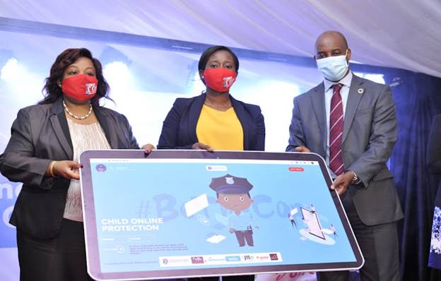 Communications Authority of Kenya acting director general Mercy Wanjau, ICT chief Administrative secretary Maureen Mbaka and Safaricom Chief Corporate Affairs Officer Steve Chege launch interactive portal for safer online environment during Safer Internet Day celebrations at CA Center, Nairobi on February 9, 2021