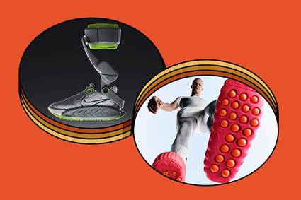 Images of Nike Amplify and Nike Mind shoes with orange background