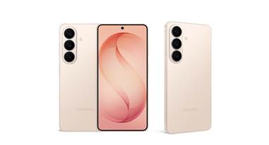 external_image Three Galaxy S26 phones in Pink Gold are set to stand up. Two are arranged together to overlap, with one seen straight from the back view with the rear cameras and the other seen straight from the front view with the screen. The last phone is standing apart, seen slightly angled from the back view with the rear cameras.