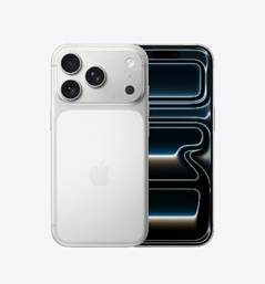 external_image iPhone 17 Pro, back exterior, silver colour, Pro Fusion camera system at top, Apple logo in centre, front exterior all-screen design, Dynamic Island